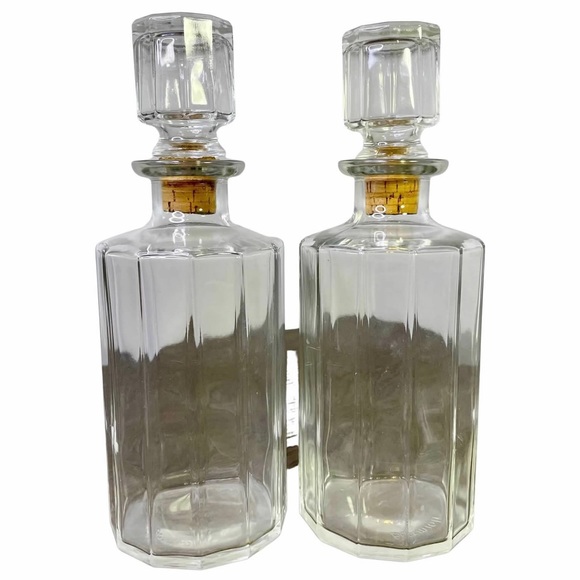 Bormioli Vintage 10" Faceted Glass Decanters Set of 2 Barware Cork Clear Thick - Picture 1 of 7